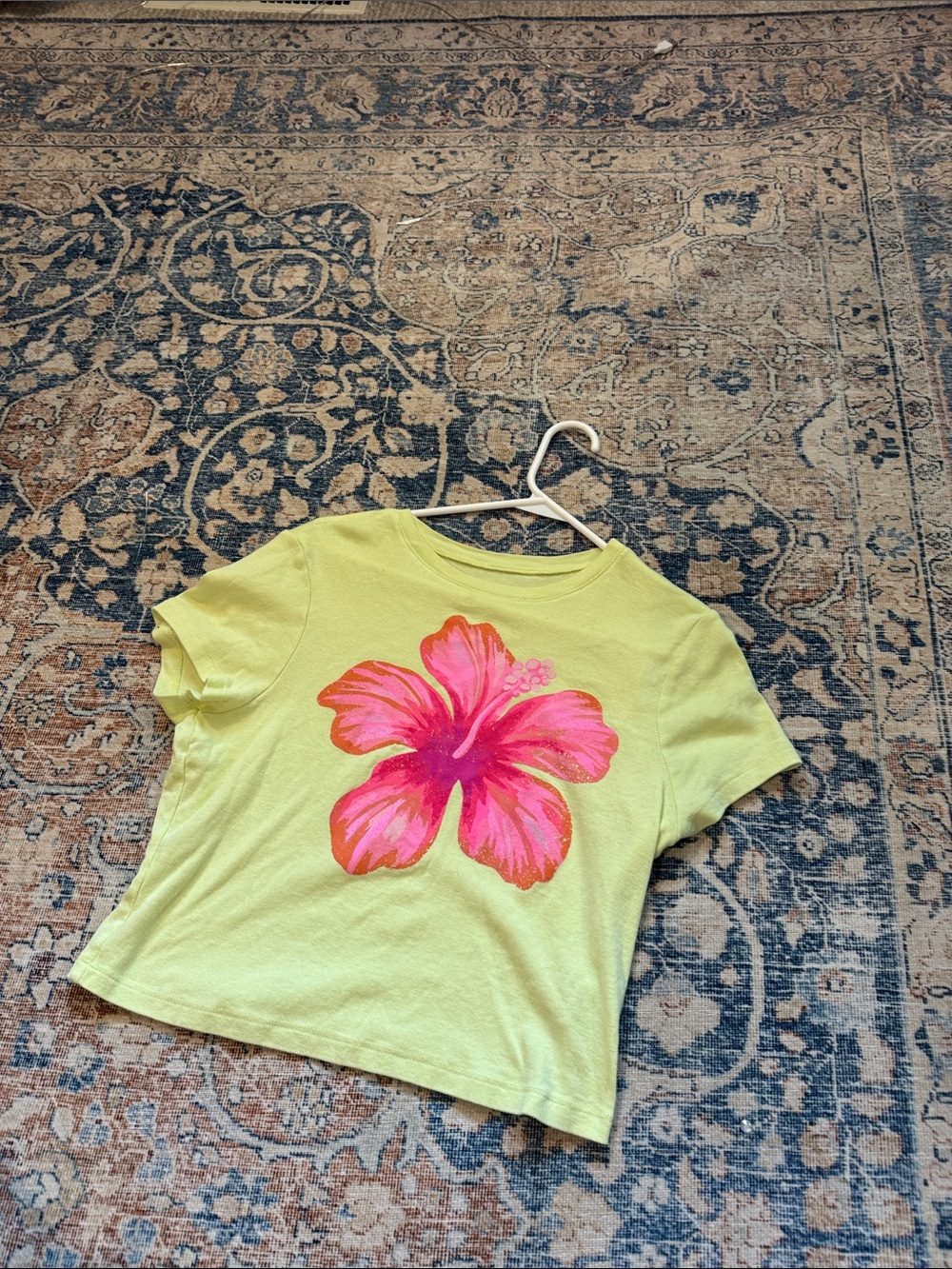 No Boundaries Lime Green Tee with Pink Hibiscus